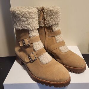 Brand New Talbots "Tish" Lt.Toffee Suede Shearling Cuff Ankle Boots sz.8 Ret$239